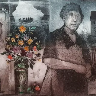 Дэвид Блэквуд — Ночь костров на острове Гринспонд, 2002 (офорт, акватинта и акварель на бумаге)