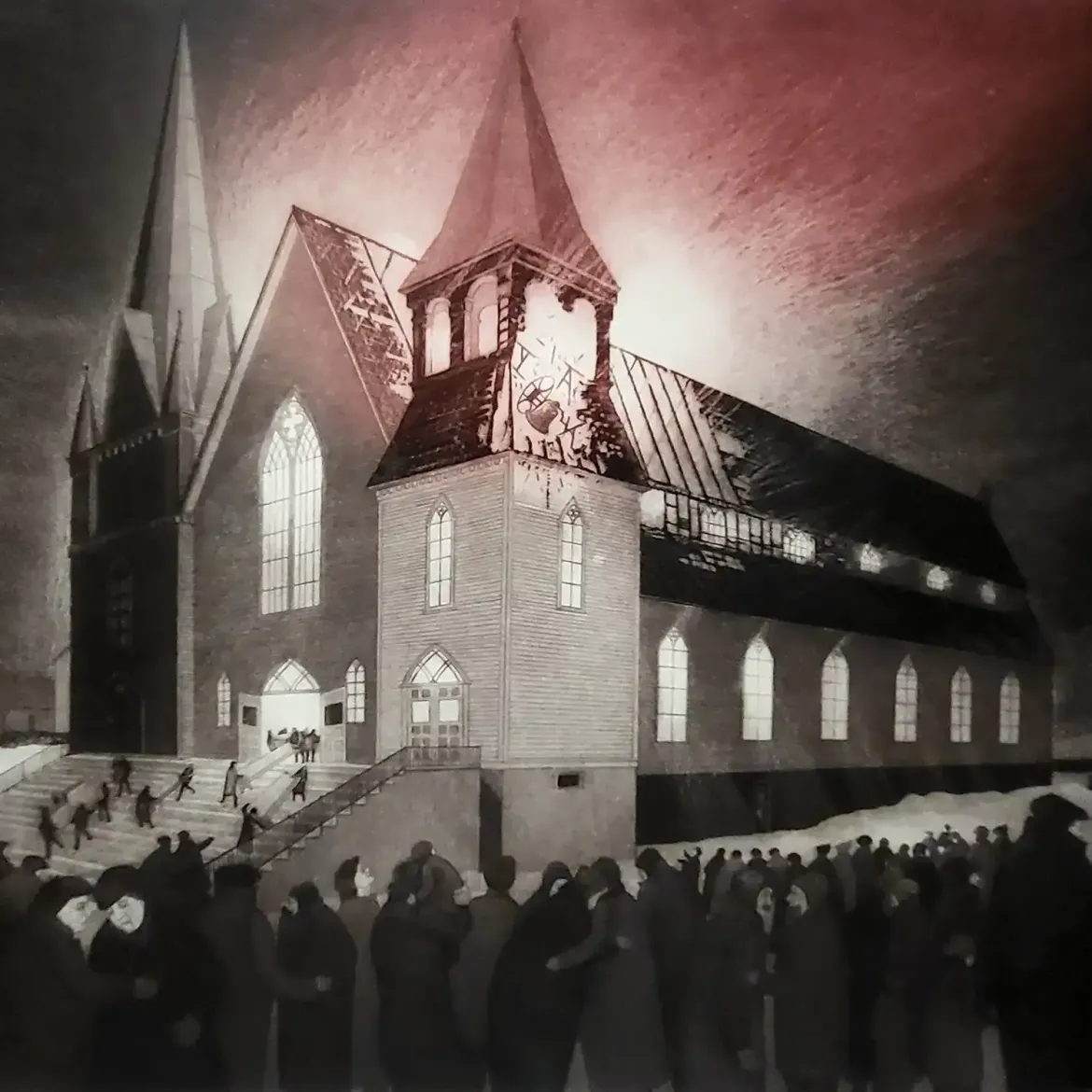 Дэвид Блэквуд — Уэсливилл. Сожжение методистской церкви, 1976 (офорт и акватинта на бумаге)