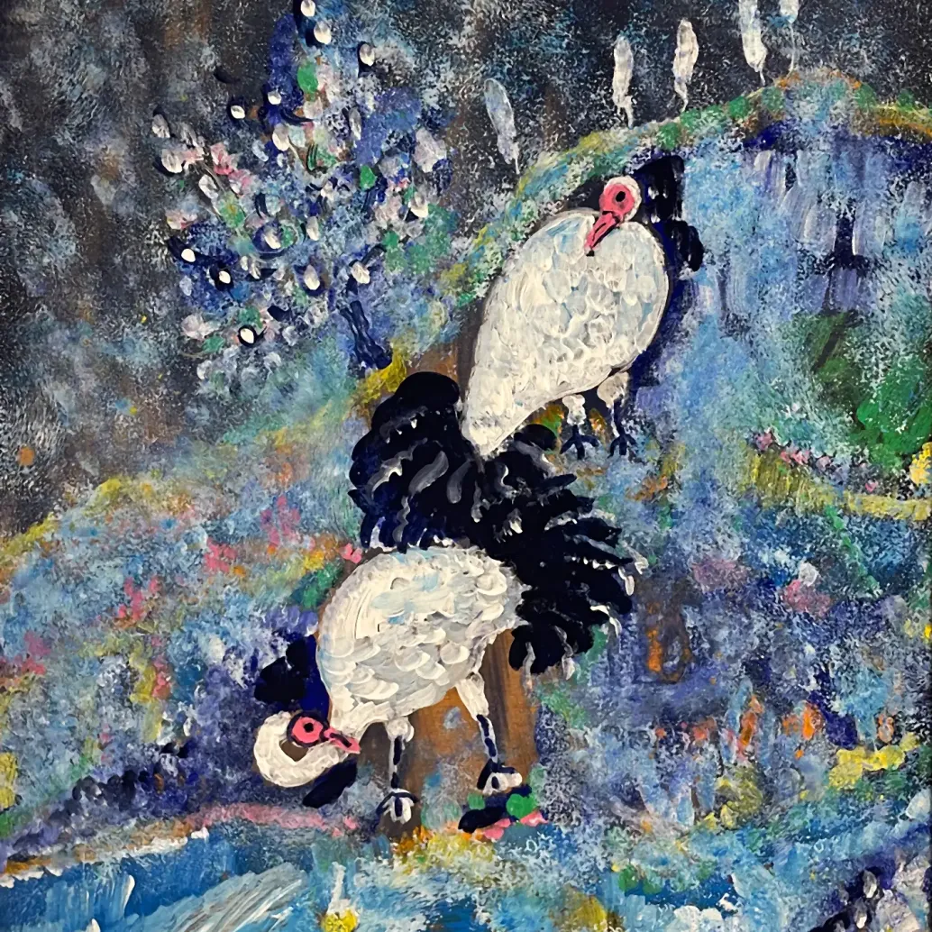 Катя Медведева — Без названия, птицы, 2002 (фанера, масло, блестки)