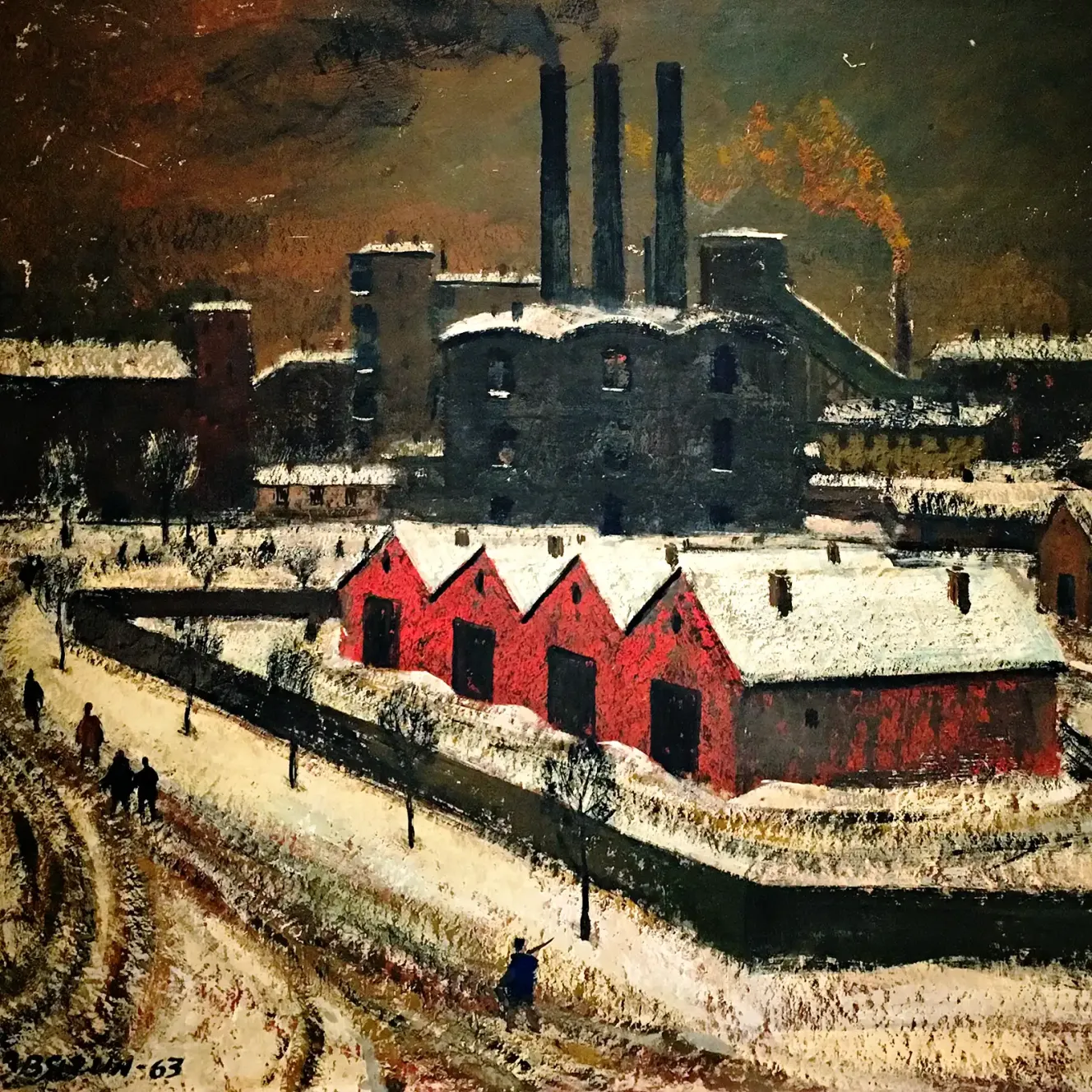 Михаил Звягин — Заводская окраина. Гаражи, 1963 (картон, гуашь)