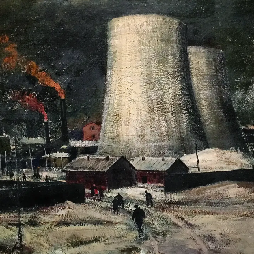 Михаил Звягин — На работу. Градирни 1963 (картон, гуашь, темпера)