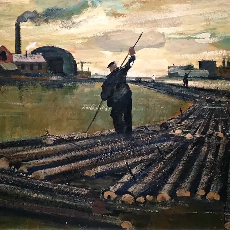 Михаил Звягин — Плоты гонят, 1964 (картон, гуашь)