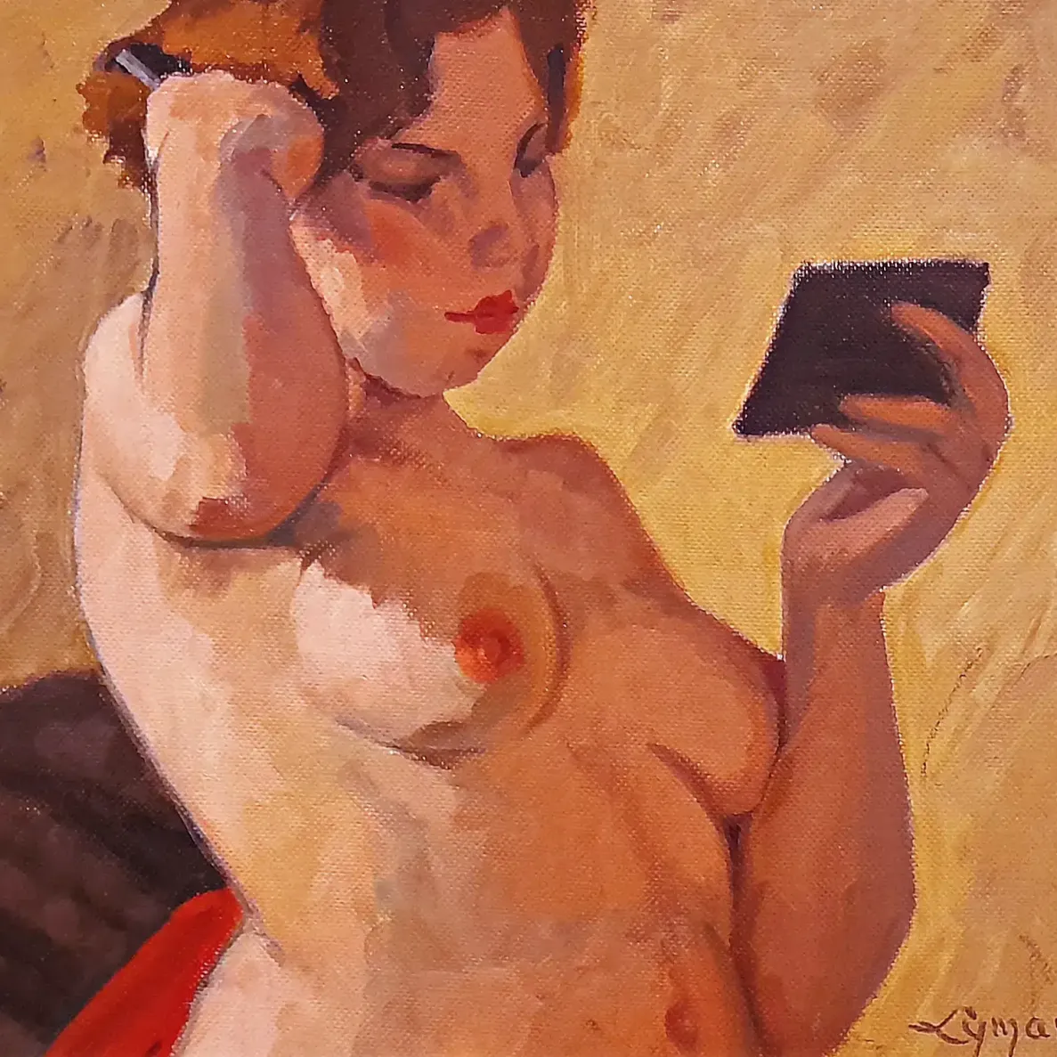 Джон Лайман — Молодая женщина, причёсывающая волосы, 1932 (масло по оргалиту)