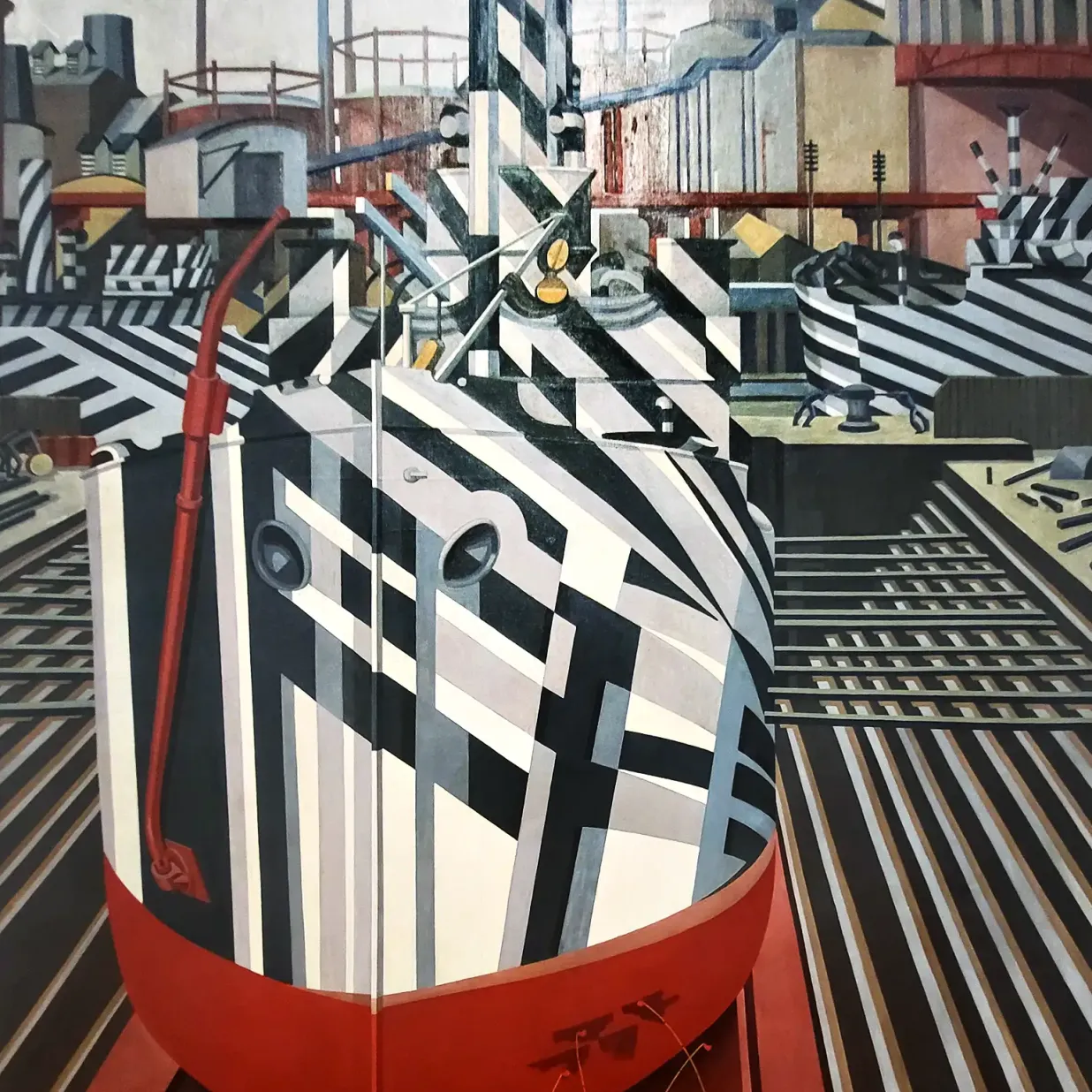 Эдвард Уодсворт — Корабли с ослепляющим камуфляжем в сухом доке Ливерпуля, 1919 (холст, масло)