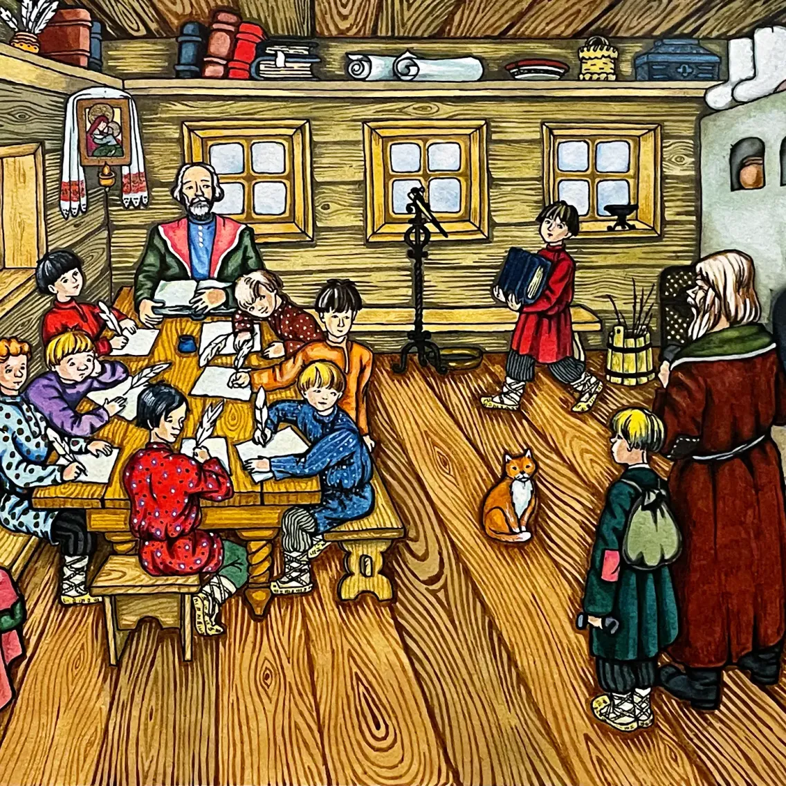 Надежда Глазунова — Деревенская школа, 1993 (акварель, гуашь, перо и тушь)