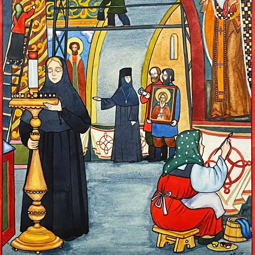 Надежда Глазунова — Завершение строительства церкви, 2002 (акварель, гуашь, перо и тушь)