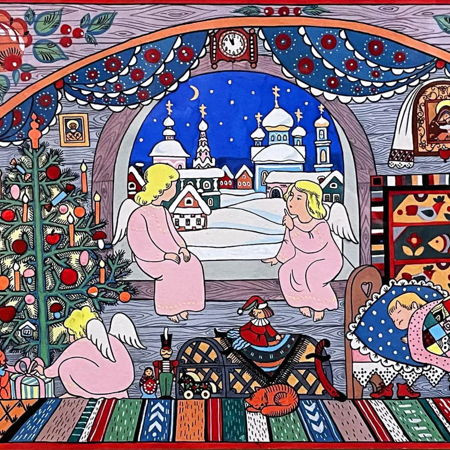 Надежда Глазунова — Маленький Арсений и ангелы на Рождество, 1991 (акварель, гуашь, перо и тушь)