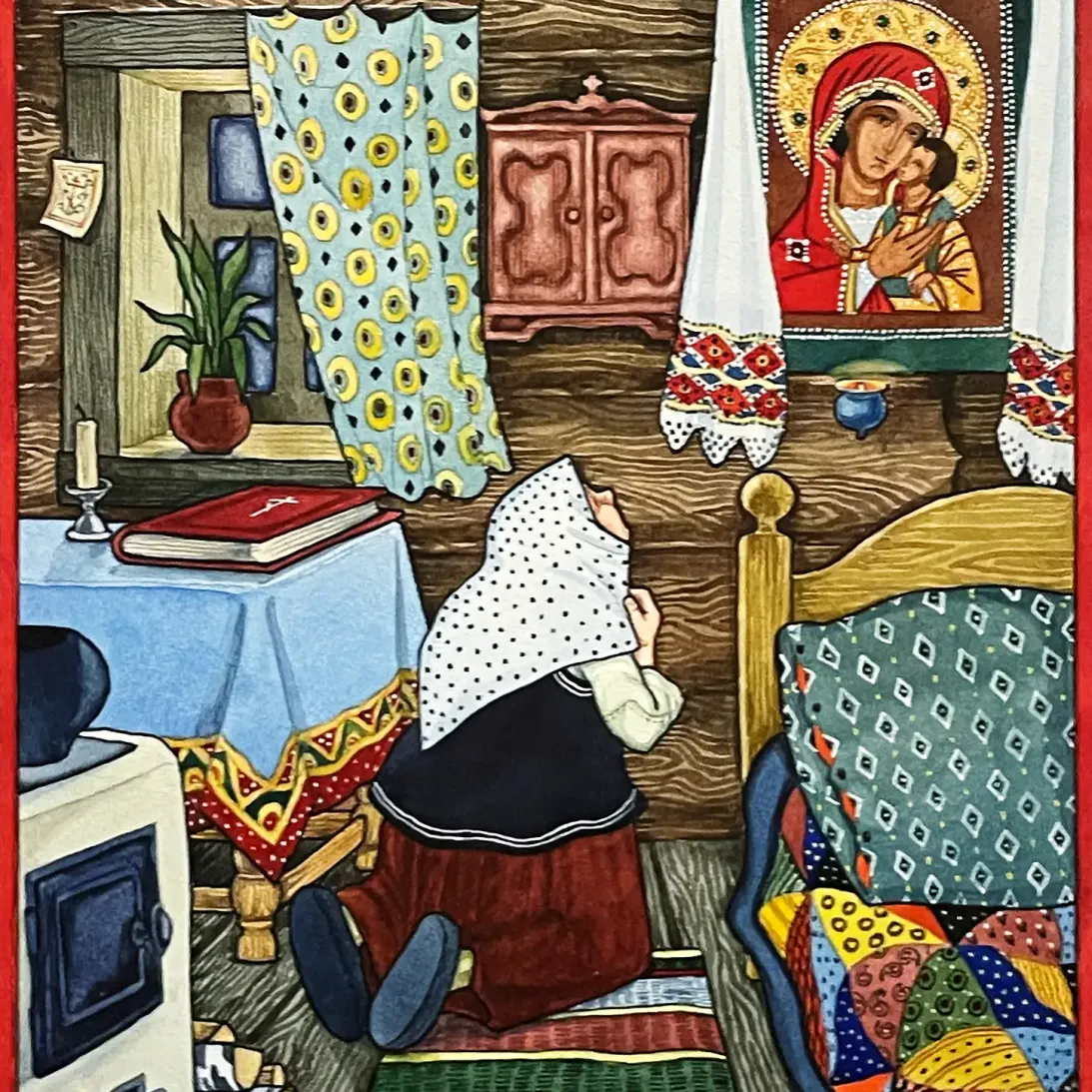 Надежда Глазунова — Старая Мария, молящаяся дома, 2002 (акварель, гуашь, перо и тушь)