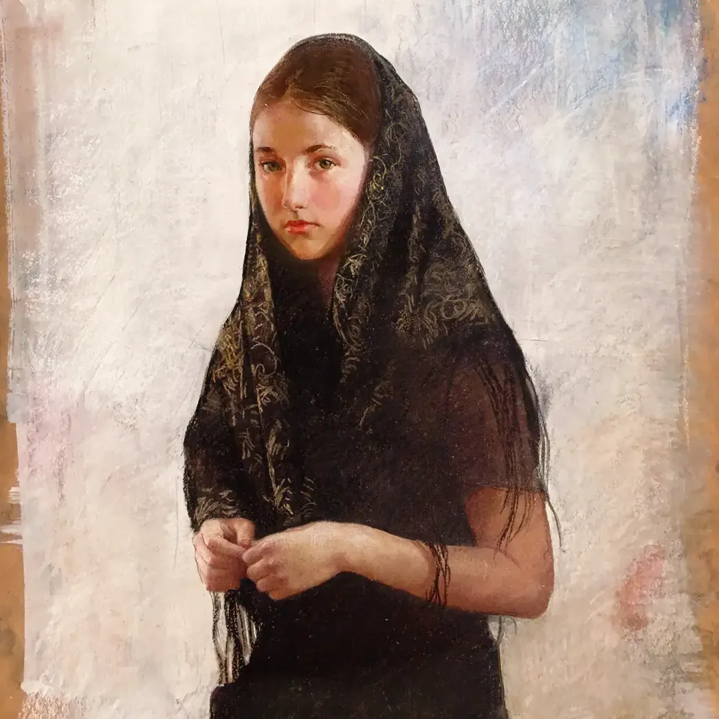 Наталья Милашкевич — Девушка в черном платке, 2017 (бумага, пастель)