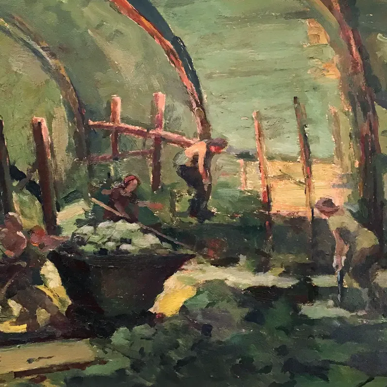 Николай Ионин — Строительство Ленинградского метро, 1945 (картон, масло)