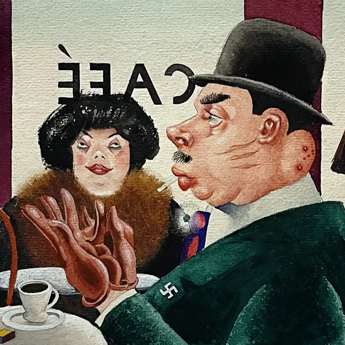 Георг Шольц — Кафе. «Рыцарь со свастикой», 1921 (Акварель на тканой бумаге)