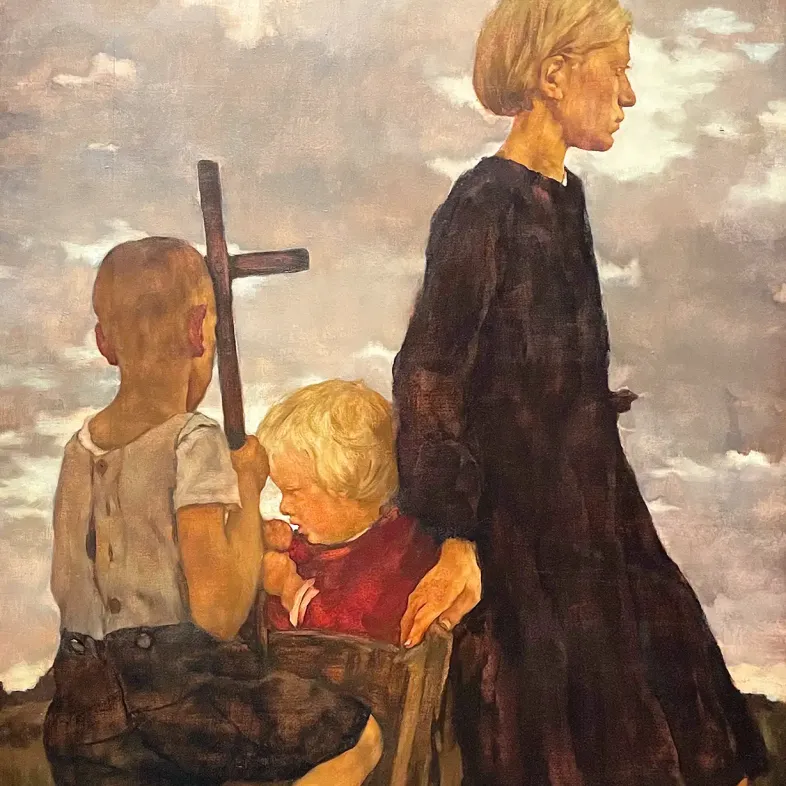 Лотте Лазерштайн — Дети с ручной тележкой, 1932 (масло на деревянной панели)