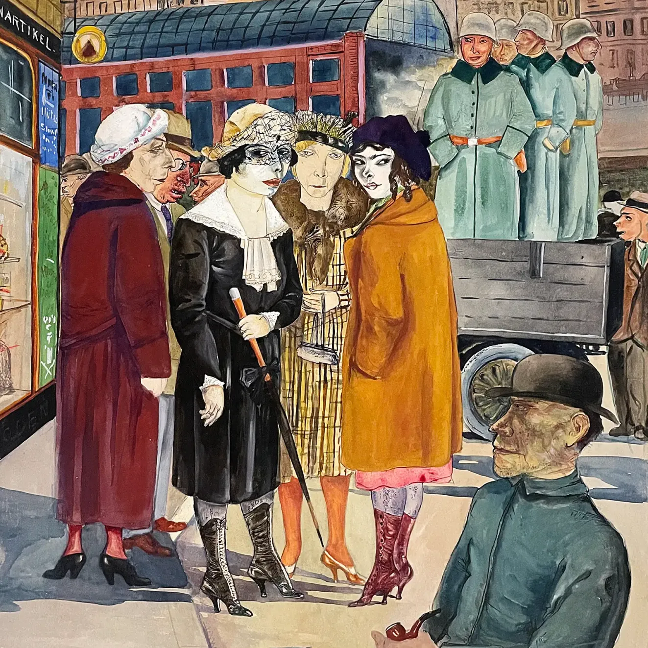 Рудольф Шлихтер — Прохожие и солдаты, 1925–1926 (акварель, бумага, картон)