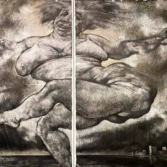 Саша Окунь — Тина Калишер танцует на пляже, 2024 (смешанная техника)