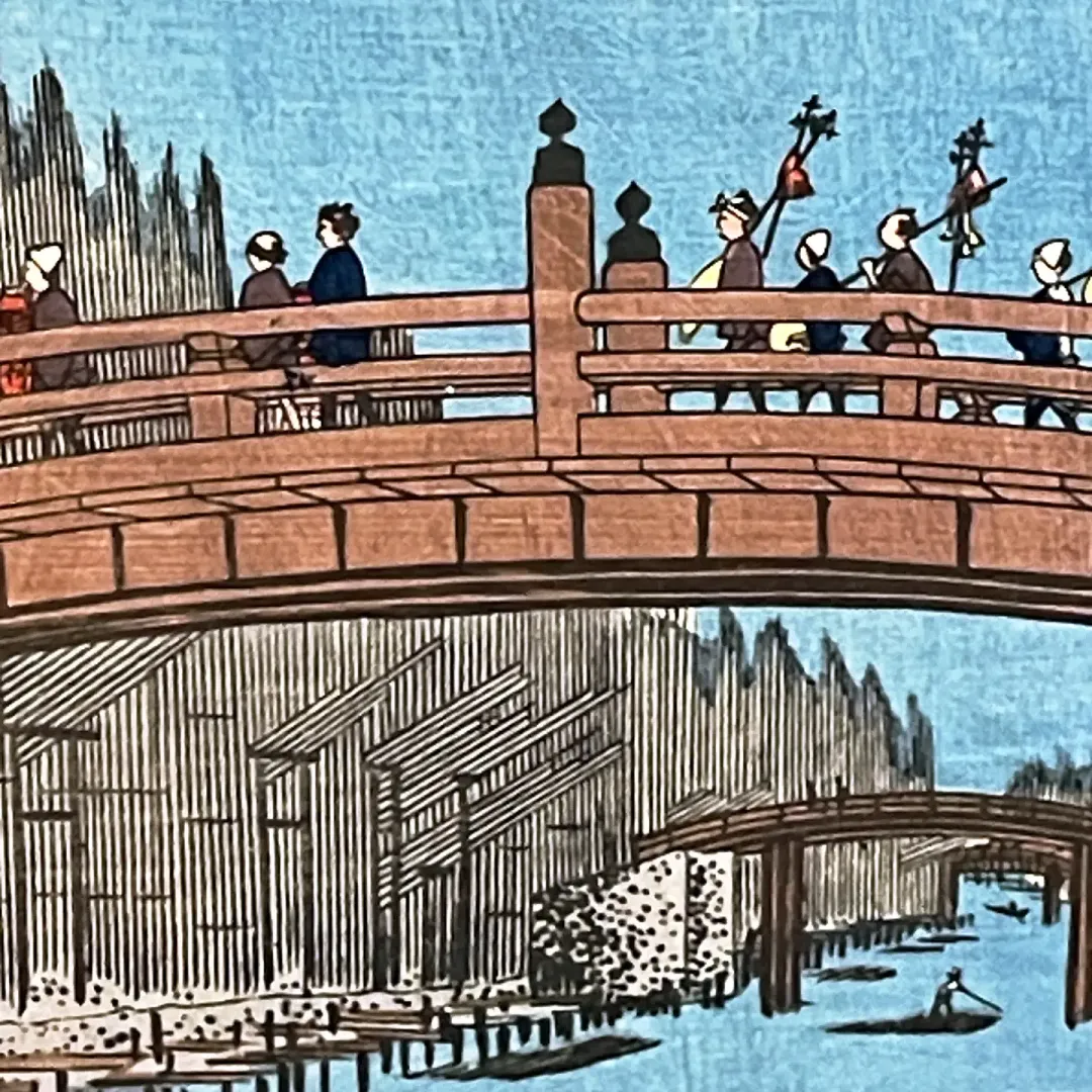 Утагава Хиросигэ — Бамбуковый рынок Такэгаcи у моста Кёбаси, фрагмент, 1857 (Ксилография (нисики-э); тушь и цвет на бумаге)