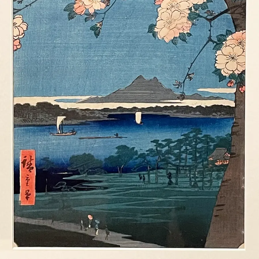 Утагава Хиросигэ — Роща Суйдзин и Массаки на реке Сумида, 1858 (Ксилография (нисики-э); тушь и цвет на бумаге)