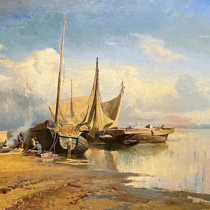 Фёдор Васильев — Вид на Волге, барки, 1868 (холст, масло)