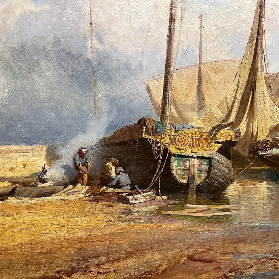 Фёдор Васильев — Вид на Волге, барки, фрагмент, 1868 (холст, масло)