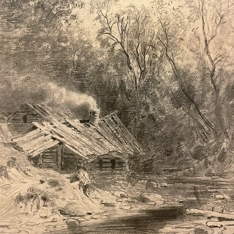 Фёдор Васильев — Избушка у лесного ручья, 1867-1869 (бумага, графитный карандаш, растушка)