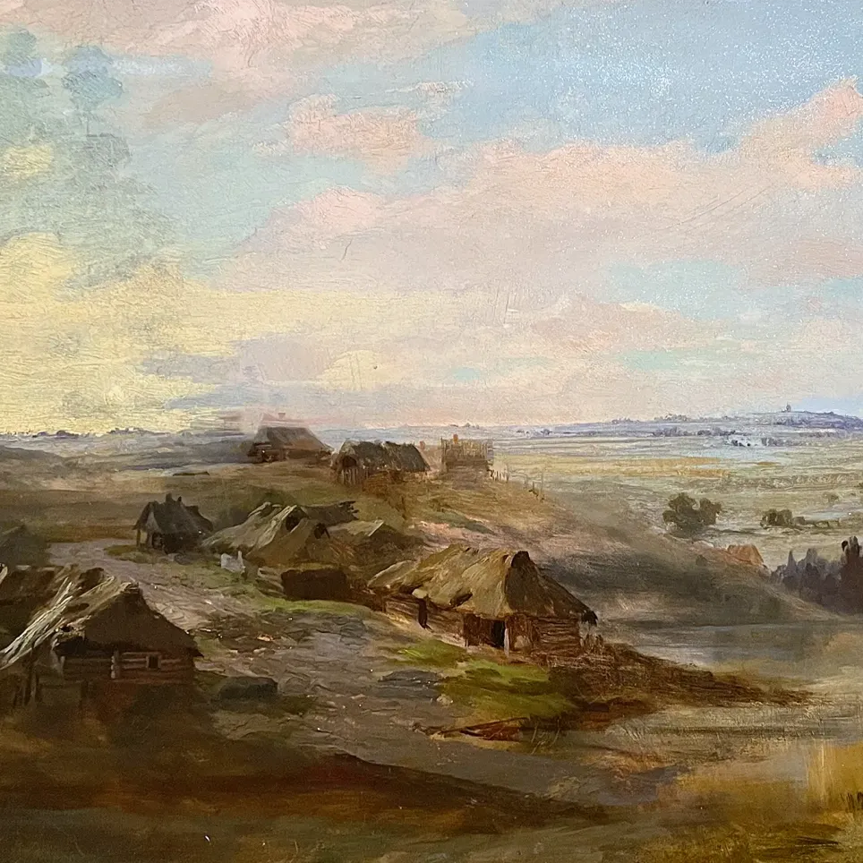 Фёдор Васильев — Пейзаж с избами и прудом в окрестностях Петербурга, 1869—1870 (холст, масло)