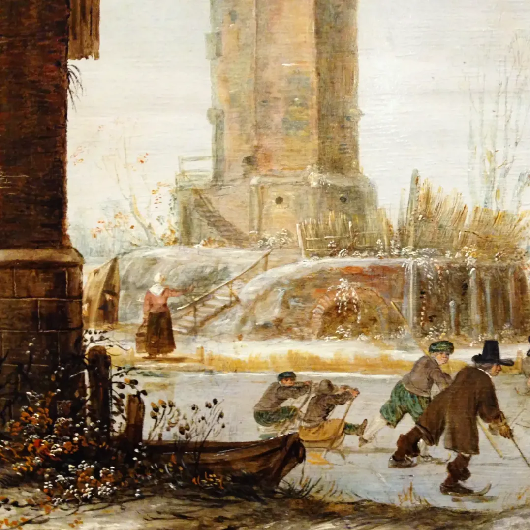 Баренд Аверкамп — Катание на коньках возле башни, фрагмент 1 (холст, масло)