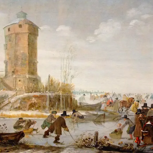 Баренд Аверкамп — Катание на коньках возле башни (холст, масло)