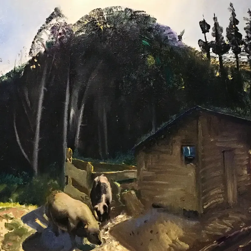 Джордж Уэсли Беллоуз — Три свиньи и гора, 1922 (масло на дереве)