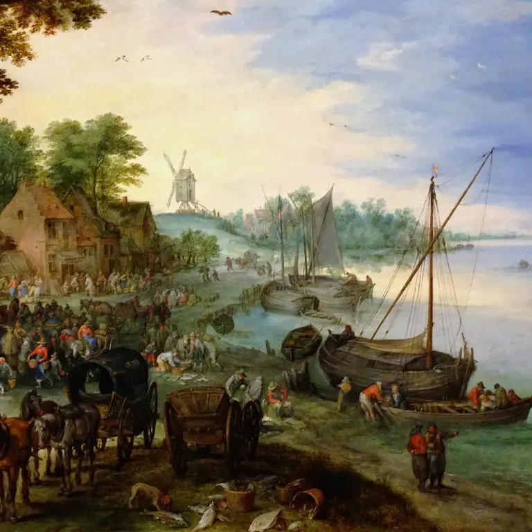 Ян Брейгель Старший — Рыбный рынок на берегах реки, 1611 (холст, масло)