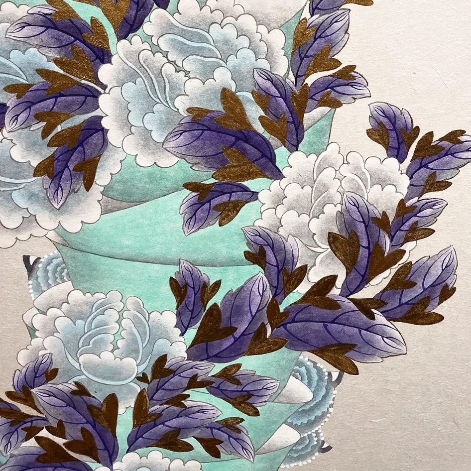 Чи Минсон — Пион. Из серии Приношение тигру, фрагмент, 2021 (бумага ханджи, пигменты)