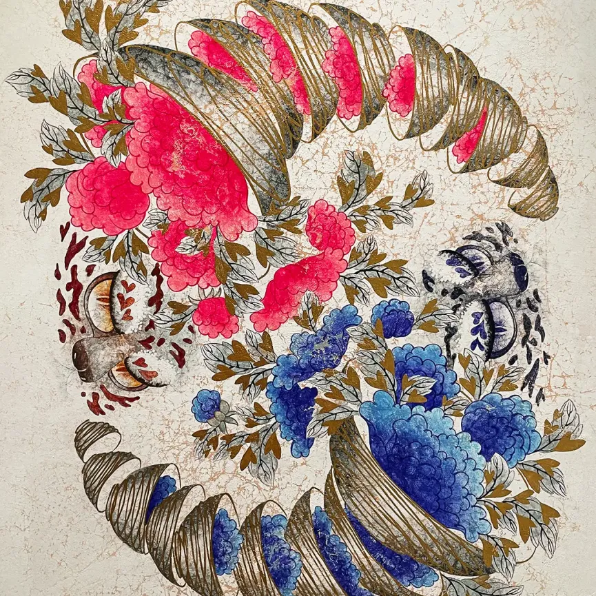 Чи Минсон — Синяя нить, красная нить, 2021 (бумага ханджи, пигменты, медный порошок)