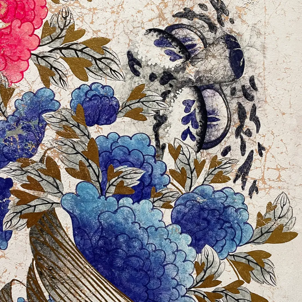 Чи Минсон — Синяя нить, красная нить, фрагмент, 2021 (бумага ханджи, пигменты, медный порошок)