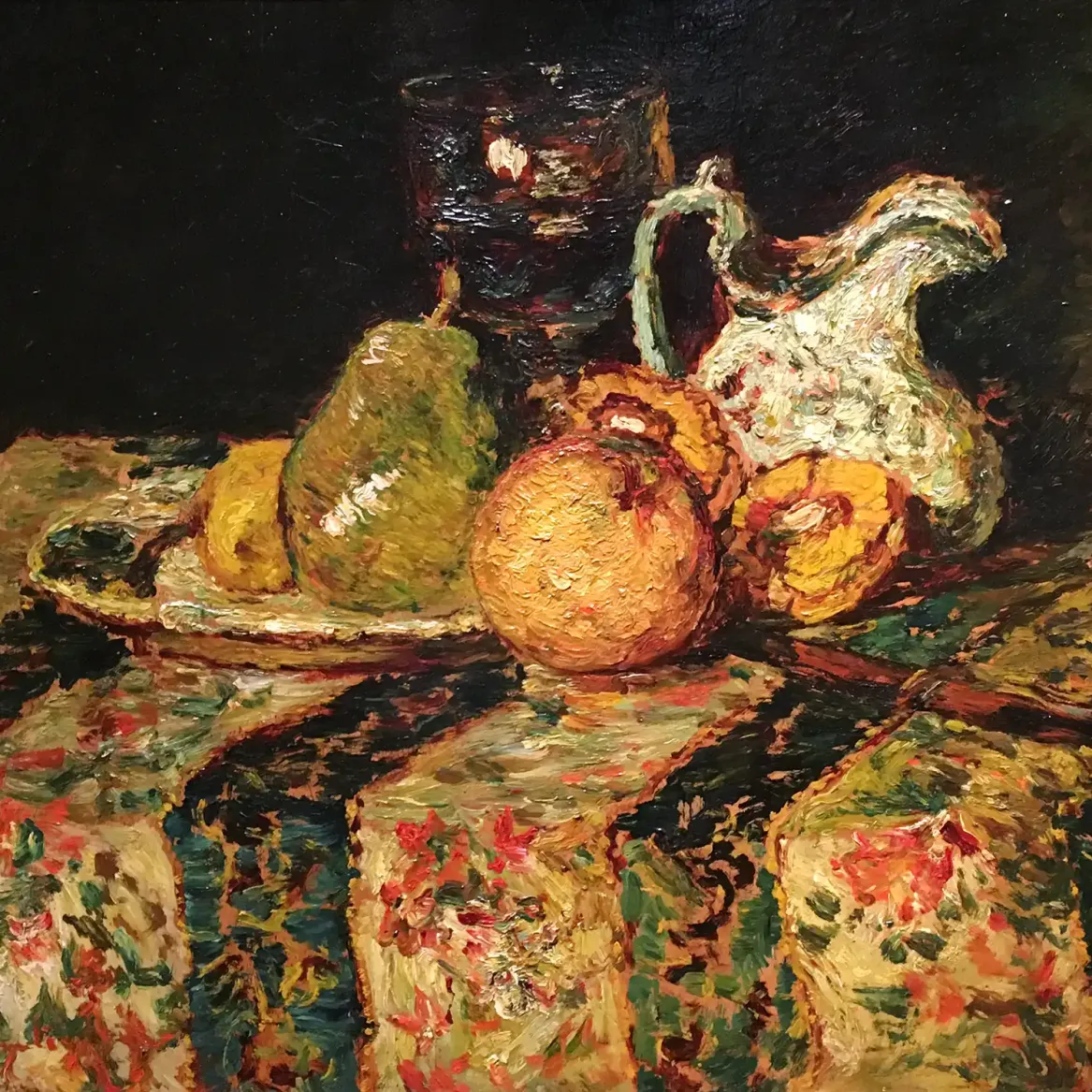 Адо́льф-Жозеф-Тома Монтичелли — Натюрморт с фруктами и кувшином для вина, 1874 (масло на доске)